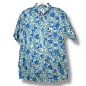 Men's Blue Southern Proper Hawaiian Dog Button Down Short Sleeve Shirt Large